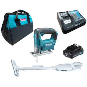 Combo Makita Serra tico-tico à bateria jv101+ Aspirador CL106 12v bivolt com bolsa e acessórios