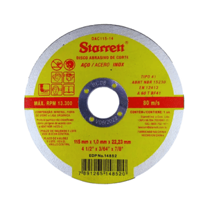 DISCO DE CORTE DAC 115-14  4.1/2 X 1.0mm X 7/8 STARRETT